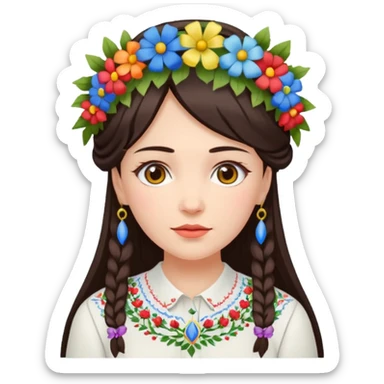 Ukrainian woman in a white embroidered shirt with dark hair in a wreath of flowers with multicoloured ribbons on her head sticker