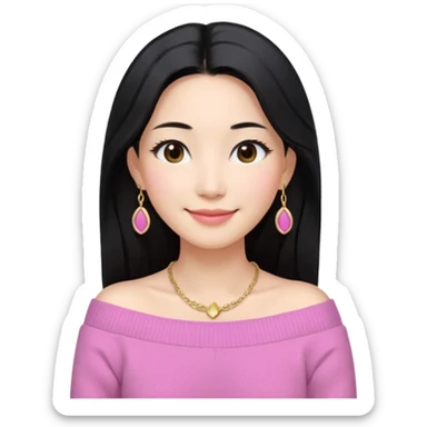 South Korean girl in her mid-thirties with long black hair and a middle part. She is wearing a pink colored, off the shoulder long sleeve knit sweater. She has small gold earrings and a gold necklace. She has brown eyes with narrow, mono lid shape and smiling with lips together sticker