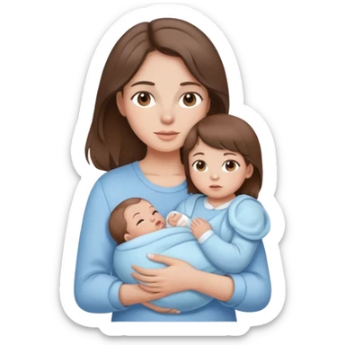 brunette girl with brown hair wearing pastel blue clothes holding a baby sticker