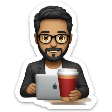 Designer with black hair, beard and glasses working with MacBook and drinking cappuccino ketchup bottle sticker