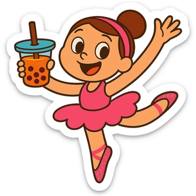 Add pink sparkly pointe shoes to the ballerina, keep the vibrant toon style, with no background. sticker