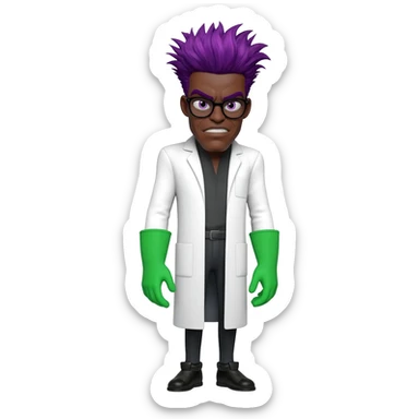 Mad evil scientist black male white cost green gloves glasses purple hair side bold on top very skinny very tall full body sticker