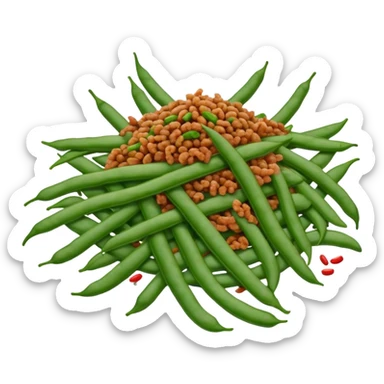 Dry Fried String Beans with minced pork and spices, simplified emoji style with bold outlines and bright colors, cartoon style Gan Bian Si Ji Dou sticker