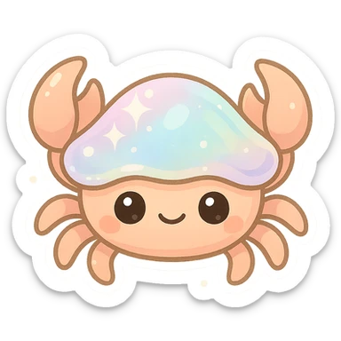 adorable crab with pearly pastel shell, shimmering effect, big eyes, minimal background sticker