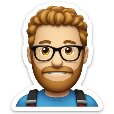 Heavy caucasian young dad, with a blue shirt, with a big brown beard and black rectangle glasses and brown hair he’s holding a red balloon animal  sticker