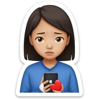chinese teenage female having Heartbreak - feeling of deep sadness when love ends - holding cellphone sticker