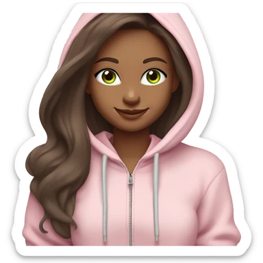 a girl with brown long hair, fair skin, green eyes, works relaxed and smiling at a modern laptop in a monochrome pale pink zip hoodie with a hood and a pink monochrome T-shirt sticker