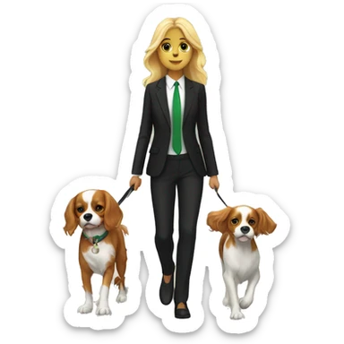 Blonde girl with green eyes going for a walk in suit with cavalier King Charles spaniel  sticker
