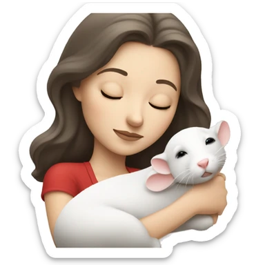 white brunette sleeping woman cuddling with one small white rat with red eyes sticker