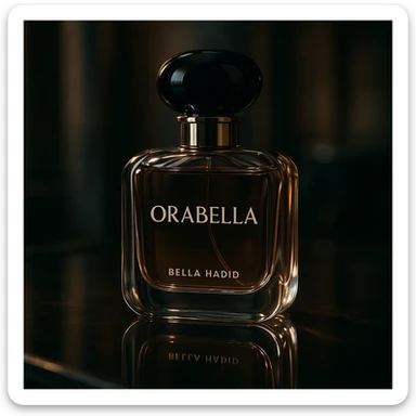 cinematic, realistic 3D rendering of the Orabella fragrance bottle by Bella Hadid, on a reflective surface, sophisticated atmosphere sticker
