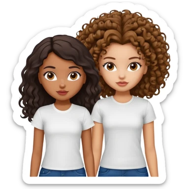 2 pretty bratz fair girls. One has straight brown hair and is tan, wearing a white tshirt. One is fair with curly black hair, wearing a black tshirt  sticker