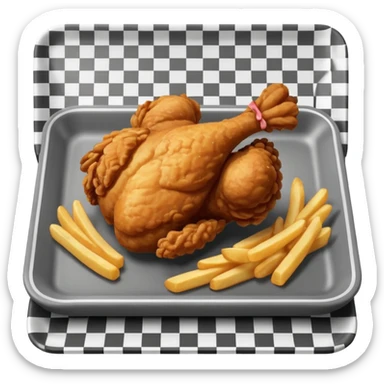 Fried chicken with fries in a grey rectangle plate with paper black and white  sticker