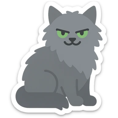 grey fluffy mischievous cat with green eyes, color icon style sticker