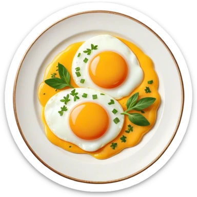 Cinematic sunny-side-up eggs, perfectly cooked with glossy yolks, crispy golden edges, sprinkled with fresh herbs, served on a rustic plate, bright and inviting, highly detailed and appetizing. sticker