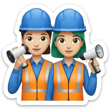 Duas pessoas com capacete de obras azul e um megafone na mão e camisa social cinza com faixas reflexivas verdes nos braços. Deve ser um homem e uma mulher. Os dois capacetes devem será azul escuro. sticker