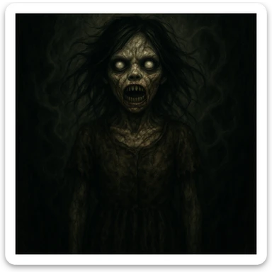 Make the creepy girl much scarier with disturbing features, intensify the horror atmosphere, and create a more unsettling expression in a horror style. sticker