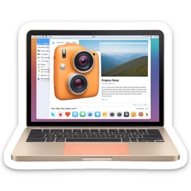 Create an emoji of blogging. The design should feature an open laptop or tablet with a visible blog post on the screen, showing text. Add a photo or video camera to symbolize multimedia content creation. Use modern, professional colors. No smiles. Make the background transparent. sticker