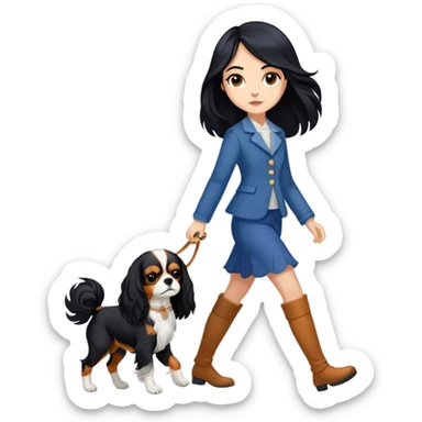 A girl with long black hair walking a Cavalier King Charles Spaniel sticker