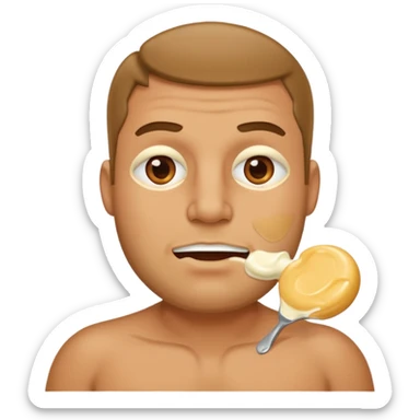 Stocky Tan man with cream on cheek mouth and chest sticker