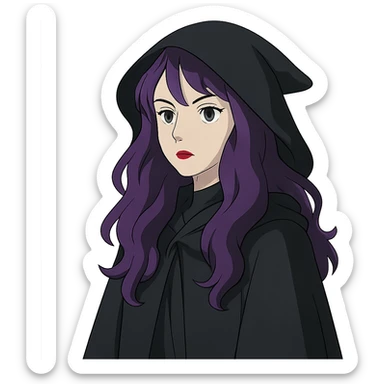 gothic woman with purple hair, witchy touch, wearing a black cloak, ghibli style sticker