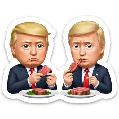 photorealistic Donald Trump and Putin eating a steak shaped like an piece of land sticker