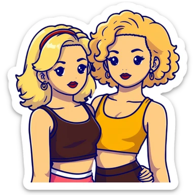 Two teenage girls together, one white with straight blonde hair and one brown-skinned with curly dark hair, both with heavy makeup, big lips, crop tops, gold jewelry and flashy choni style outfits sticker