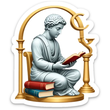 An icon featuring a Thinker statue, a scroll, symbolizing philosophy. The design includes books and abstract symbols representing deep thought and wisdom. Transparent background highlights the study of ideas, logic, and existential questions sticker
