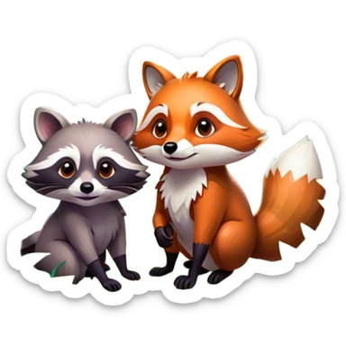 Collage of a raccoon and a fox, in close-up, surrounded by a colorful forest with rich green trees, thick bushes, and vibrant foliage. Sunlight peeks through the branches, casting warm light on the animals. A lively, natural setting with a transparent background. sticker
