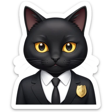 A black cat in a black suit and a badge with the inscription "PrimeCopy" sticker