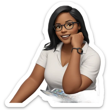 smiling girl with glasses reading sticker