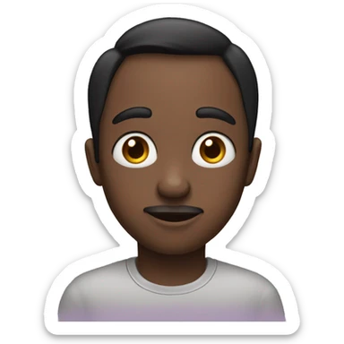 he has got a black short hair, big eyes, big nose with fair confections sticker