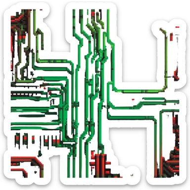 Circuit board pattern member badge with green to red gradient power flow sticker