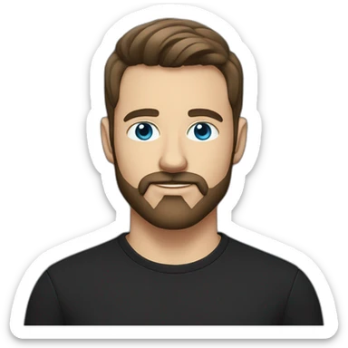 White man with blue eyes and dark brown hair, styled sideways backwards. He has a beard and mustache trimmed and wears a black t-shirt. sticker