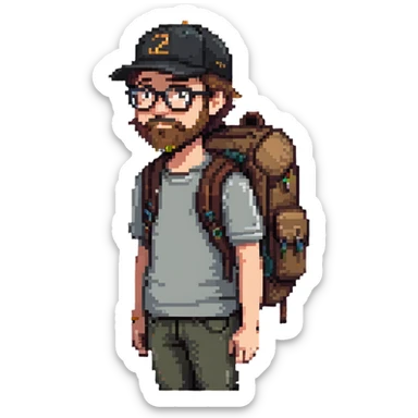 adventurer with goatee beard (no beard on cheeks), short hair, glasses, backwards baseball cap and backpack sticker
