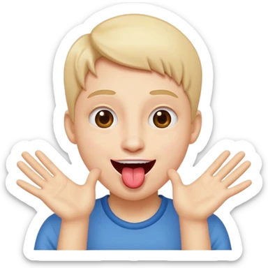 pessoa fazendo careta, com sorriso divertido, língua pra fora e mãos abertas próximas ao rosto sticker