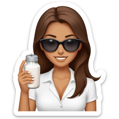 sassy woman with long brown hair, tan skin, and dark sunglasses holding a salt shaker filled with white table salt. She is sprinkling the salt out from the shaker. She is smirking.  sticker