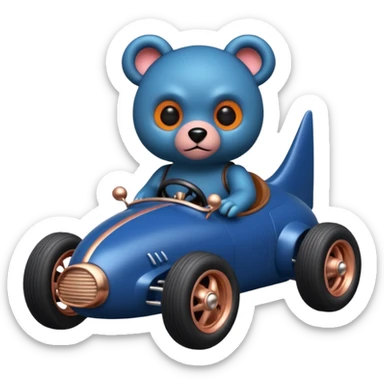 dark blue and rosegold-accented  retro racing car driven by furry-faced small evil alien scary teddy bear with rear spoiler and wheely bar sticker