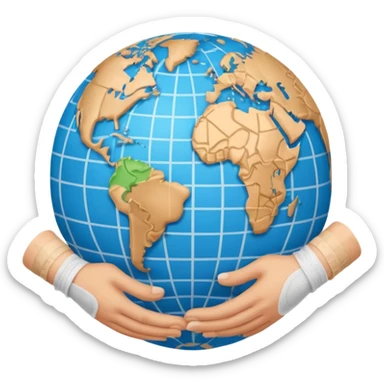Generate an emoji of two hands shaking in front of a globe. Have a bandage wrap around the globe in the background. sticker