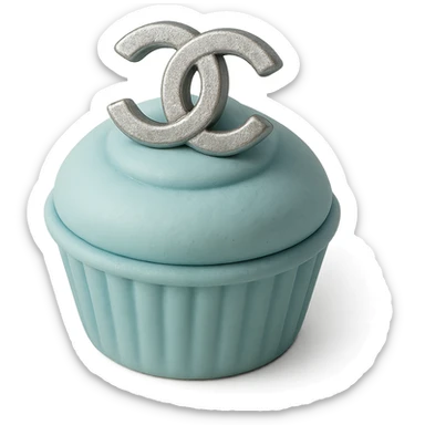 pastel blue Chanel cupcake with a silver logo sticker
