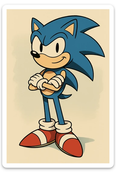Sonic the Hedgehog, standing with arms crossed, confident, blue spikes, red shoes, modern animation style, vibrant colors sticker