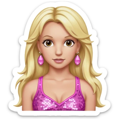 Britney Spears with long blonde hair, pink sequin crop top, pink earring sticker