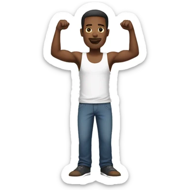a black man wearing a white tank top standing straight with his arms raised straight up sticker