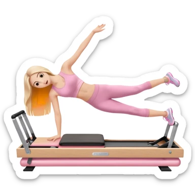 pretty white brunette teen long hair with hazel eyes and a small waist in light pink workout clothes in a plank on a pilates reformer sticker