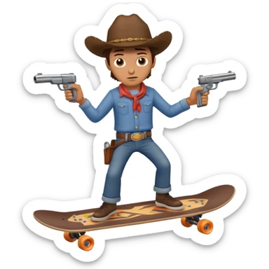 A very dangerous looking cowboy holding a gun and riding a skateboard  sticker