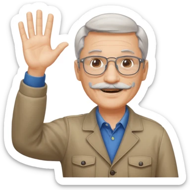 60 yr man with partially gray hair, mustache, light glasses, waving hello sticker