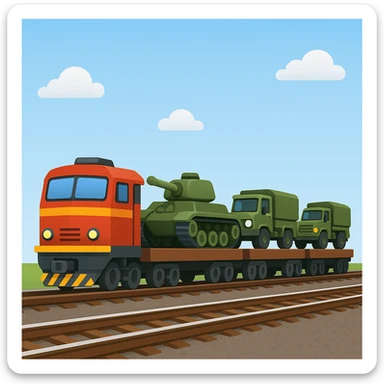 Create a realistic ordinary cargo train transporting military equipment such as tanks and trucks in a classic emoji style. This is variant 3 of the design. sticker