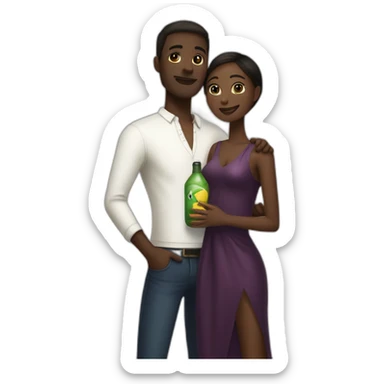 Tall fair skin man with bottle, hugging short darkskin woman in designer clothes sticker
