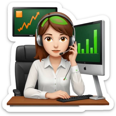 a woman, brown hair, middle european, sitting in the office in front of a computer, wearing a blouse and a headset. she is controling the limits on screen. green = ok, orange = am Limit, rot = überschritten sticker
