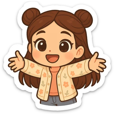 Create a chibi sticker of the girl from the reference image, reaching out with both arms happily as if to give a hug. She has brown straight hair styled in double buns, brown eyes, wearing a pastel floral cardigan and jeans. The sticker should have a white outline and a transparent background, sized 512x512px. sticker