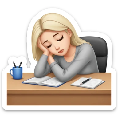 Tired woman leaning head on one hand, elbow on desk sticker